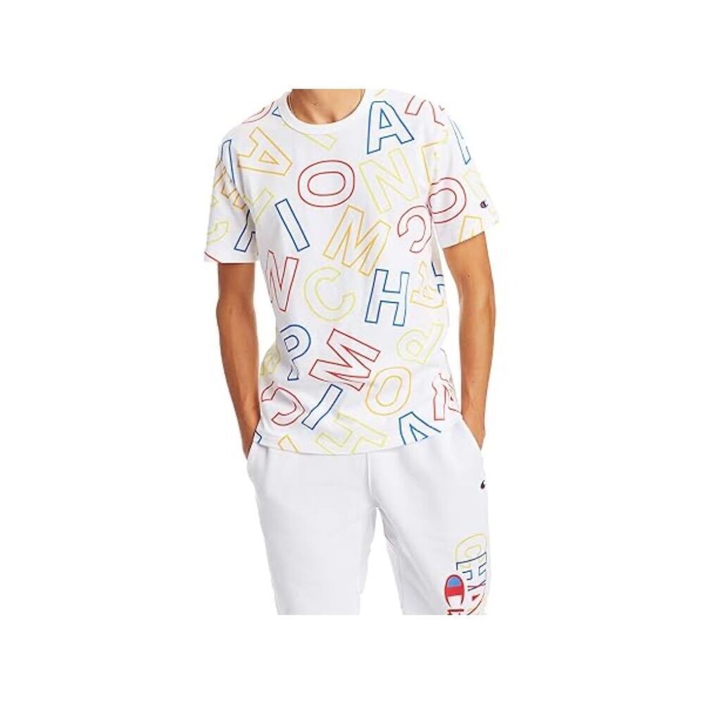Champion heritage all over print logo letters tshirt rainbow L - Picture 1 of 7